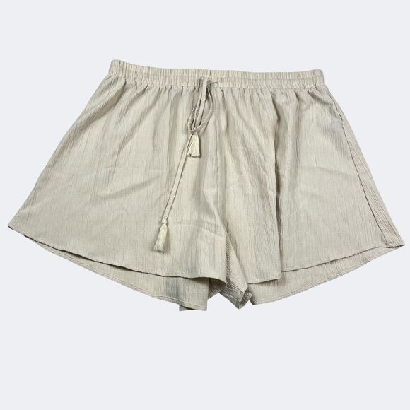 Cider Boho Lounge Shorts Crinkle Gauze Drawstring Tassel Waist Beige Casual 2XL - Picture 1 of 11